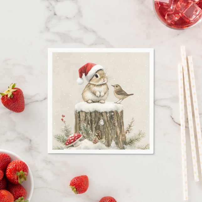 Serviette En Papier Snowy Forest Winter Woodland Christmas Bunny Bird  (En situation)