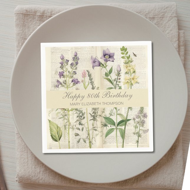 Serviette En Papier Soft Botanical Vintaqe Wildflower 80th Birthday (Créateur téléchargé)
