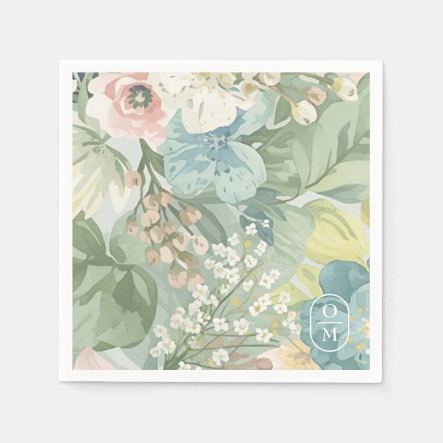 Serviette En Papier Soft Floral Watercolor Monogram Wedding (Devant)