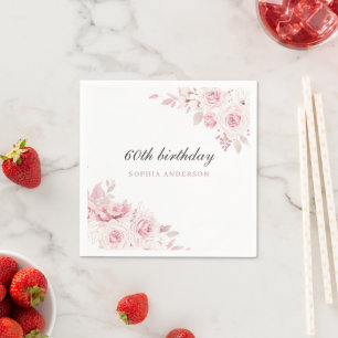 Serviette En Papier Soignée Blush Fleurs élégantes 60e fête d'annivers