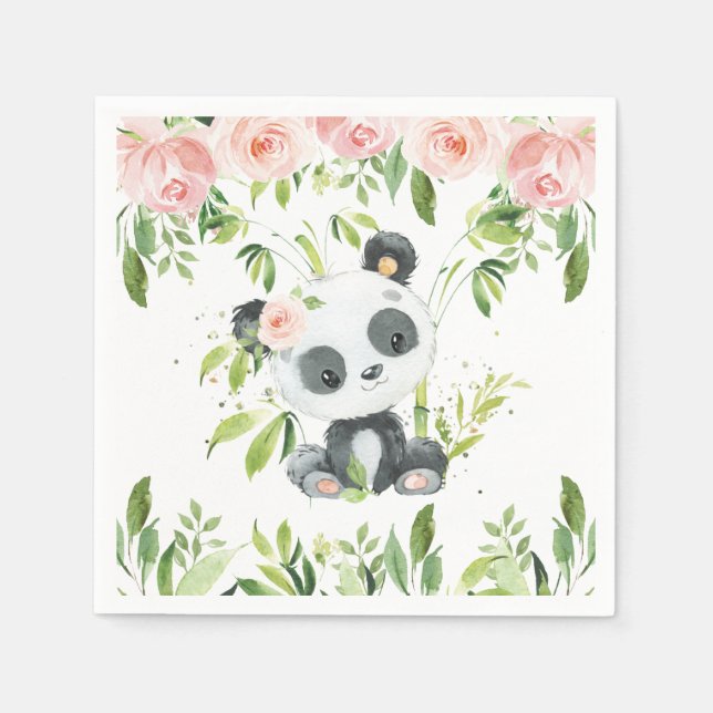 Serviette En Papier Soirée Baby shower Panda Rose Floral (Devant)