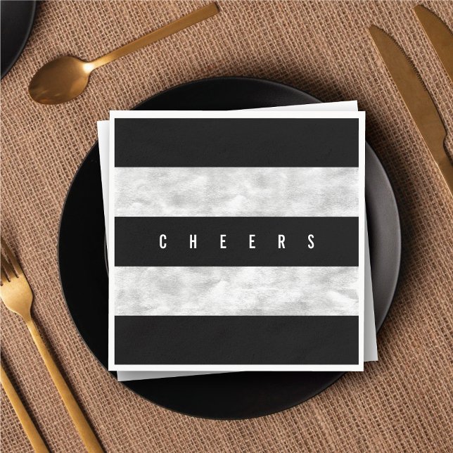Serviette En Papier Soirée Chic Silver Foil Black Stripe Fête (Cheers Chic Silver Foil Black Stripe Holiday Party Paper Napkins @ fat_fa_tin)