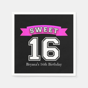 Serviette En Papier Soirée d'anniversaire Sweet 16 Sport noir et rose