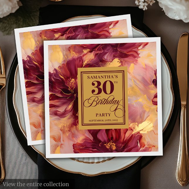Serviette En Papier Soirée de 30e anniversaire en or Burgundy (Stylish Burgundy Blush Gold 30th Birthday Party Napkins)