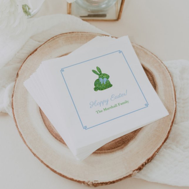 Serviette En Papier Soirée de Brunch sur lapin de Pâques Vert et Bleu (Preppy boxwood topiary bunny with blue bow napkins for Easter or boy baby shower brunch party)