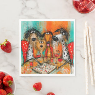 Serviette En Papier Soirée de jeu avec des chiens joueurs et du vin