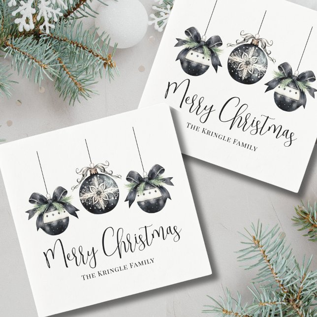 Serviette En Papier Soirée de Noël noir blanc élégant (Elegant Simple Black White Christmas Party Napkins)