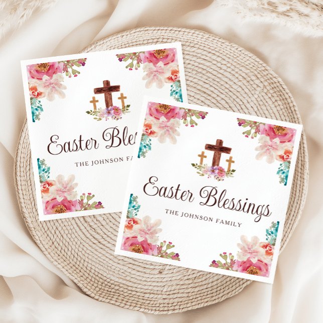 Serviette En Papier Soirées de Pâques élégantes Croix florale (Elegant Easter Blessings Floral Cross Napkins)