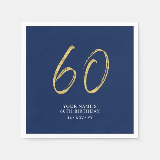 Serviette En Papier Soixante | Gold & Navy Blue Lettering 60th Birthda (Devant)