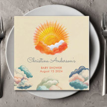 Soleil et nuages Baby shower rétro gris jaune