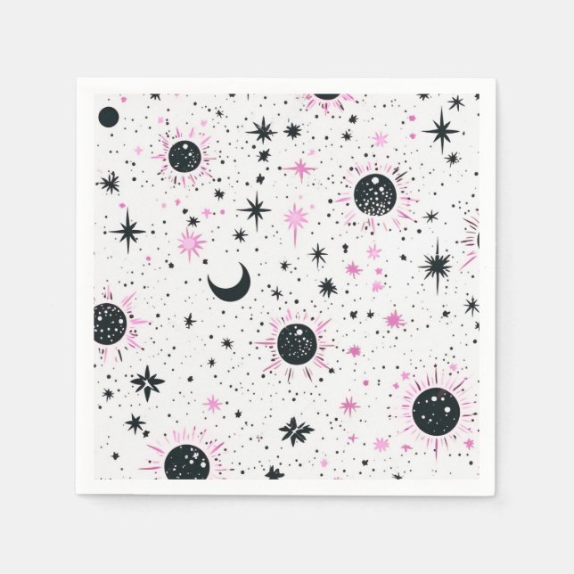 Serviette En Papier Soleil Lune Étoiles Célestes Noir et Rose (Devant)