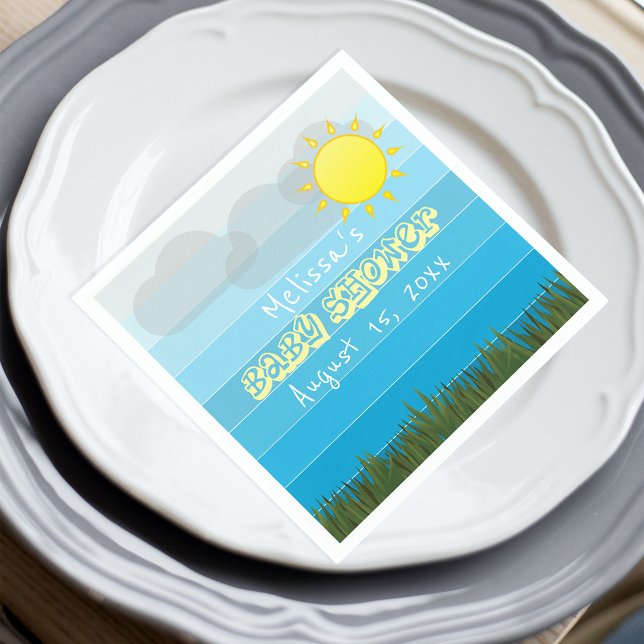 Serviette En Papier Soleil nuages et herbe sur Baby shower Blue Stripe (Créateur téléchargé)