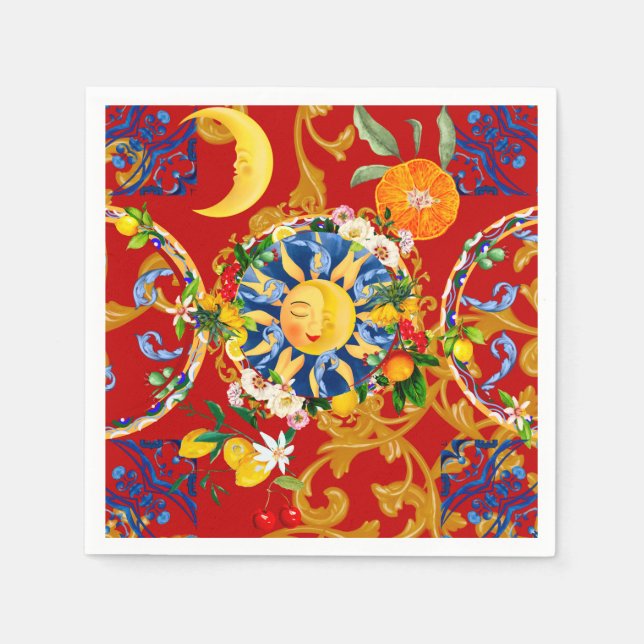 Serviette En Papier soleil sicilien, demi lune, été, majolica, citron  (Devant)