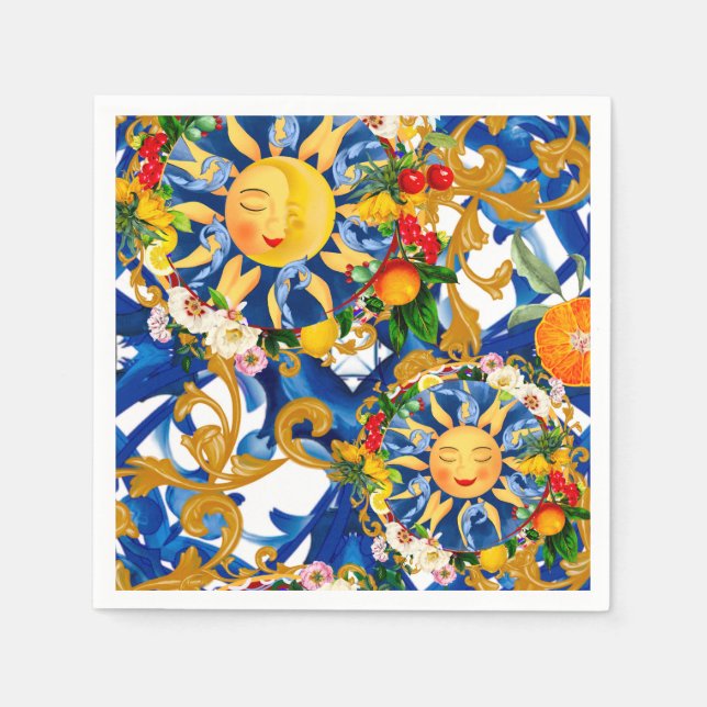 Serviette En Papier soleil sicilien, moitié lune, été, majolica, citro (Devant)