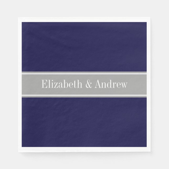 Serviette En Papier Solid Navy Blue, Dark Gray Ribbon Nom Monogram (Devant)