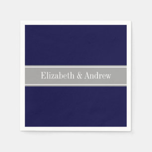Serviette En Papier Solid Navy Blue, Dark Gray Ribbon Nom Monogram