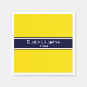 Serviette En Papier Solid Yellow, Navy Blue Ribbon Monogram