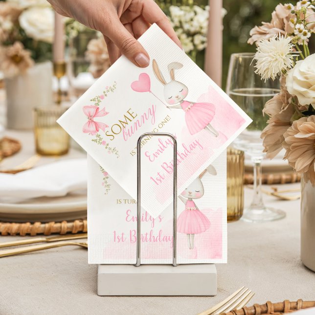 Serviette En Papier Some Bunny is Turning One 1st Birthday, pink bow  (Bunny 1st Birthday Paper Napkins. Some Bunny is Turning One elegant pink floral party supplies.)