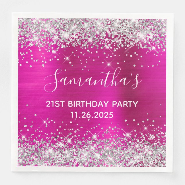 Serviette En Papier Son 21e anniversaire Hot Pink and Silver Parties s (Devant)