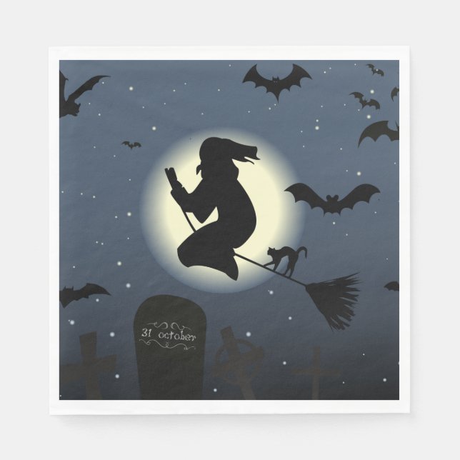 Serviette En Papier Sorcière, chat noir et chauves-souris (Devant)
