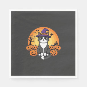 Serviette En Papier Sorcière de Halloween Chat Citrouille Lune Design_