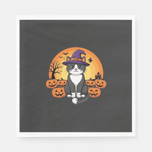 Serviette En Papier Sorcière de Halloween Chat Citrouille Lune Design_ (Devant)