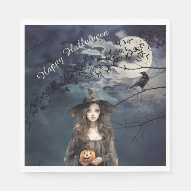 Serviette En Papier Sorcière d'Halloween au clair de lune (Devant)