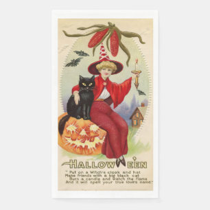 Serviette En Papier Sorcière d'Halloween vintage et chat noir
