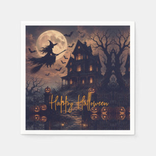 Serviette En Papier Sorcière effrayante d'Halloween volant au-dessus d