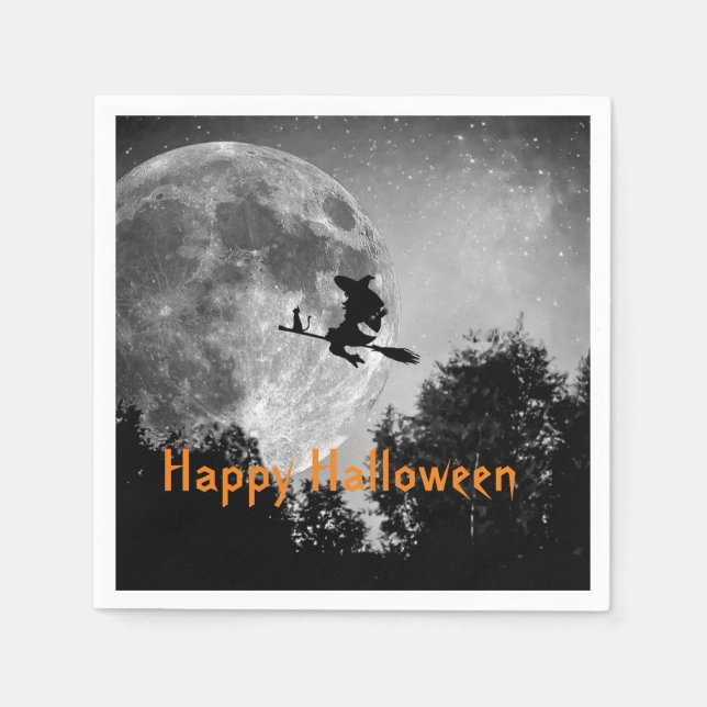 Serviette En Papier Sorcière et Lune Halloween Papier Personnalisable (Devant)