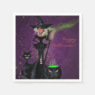 Serviette En Papier Sorcière Glamour de Fête d'Halloween en Noir Vert 