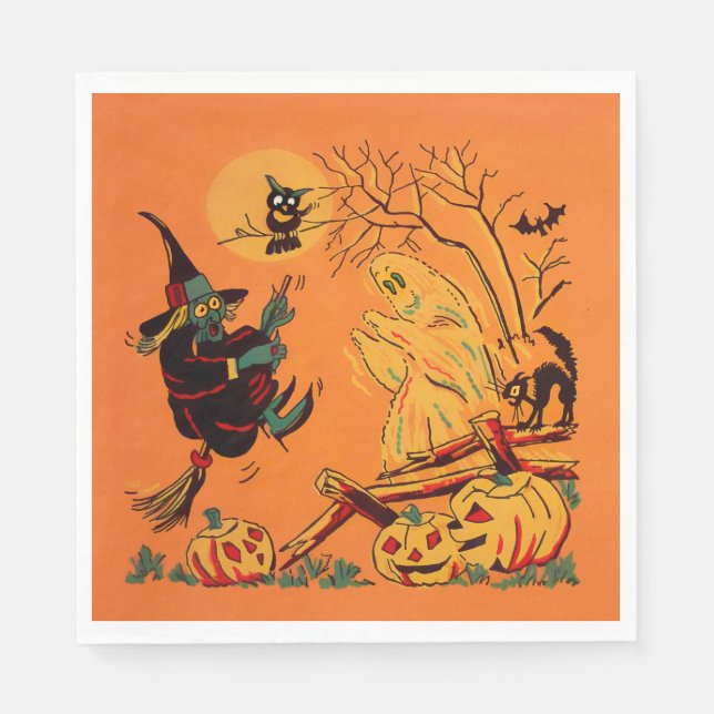 Serviette En Papier Sorcière Orange Rétro Halloween  (Devant)
