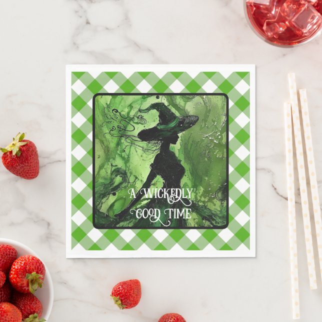 Serviette En Papier Sorcière peinte vert gingham carreaux (En situation)
