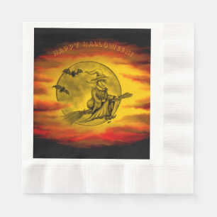 Serviette En Papier Sorcière volante avec chat noir, nuit halloween