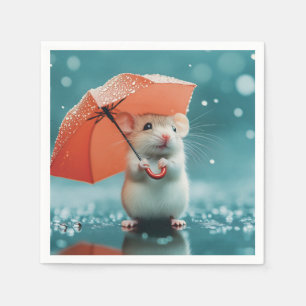 Serviette En Papier Souris avec parapluie dans la pluie : belle scène