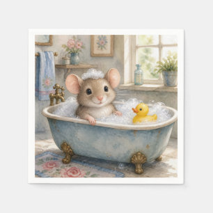 Serviette En Papier Souris dans un bain moussant avec un canard jaune