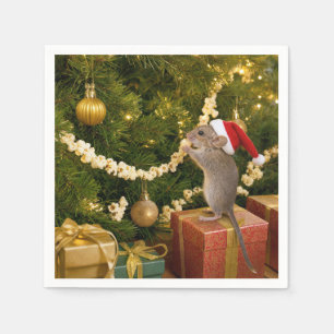 Serviette En Papier Souris de Noël mangeant du pop-corn sur l'arbre
