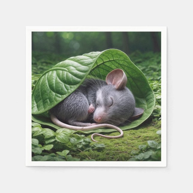 Serviette En Papier Souris dormant dans une feuille verte (Devant)