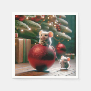 Serviette En Papier Souris joueur sur ornement de Noël rouge