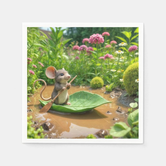 Serviette En Papier Souris ramer un bateau à feuilles vertes (Devant)