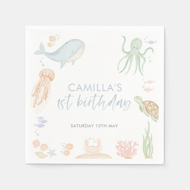 Serviette En Papier Sous la mer 1er anniversaire animal marin (Devant)