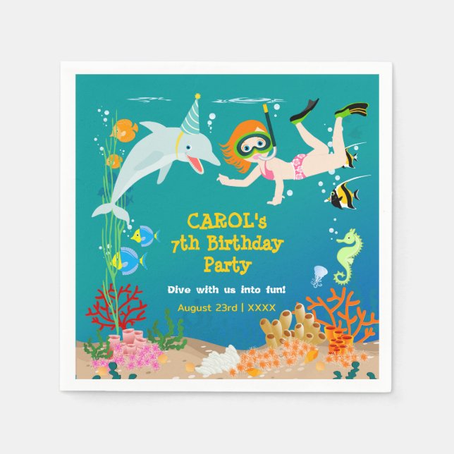Serviette En Papier Sous la mer dauphins et fête d'anniversaire fille (Devant)