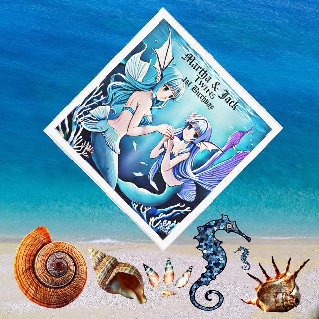 Serviette En Papier Sous la mer Mermaids Blue Water Twins Anniversaire (Under The Sea Mermaids Blue Water Twins Birthday Napkins)
