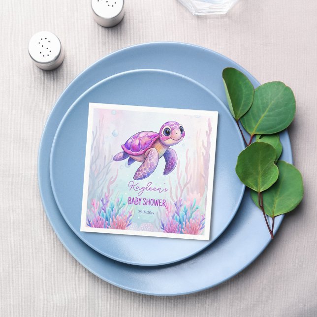 Serviette En Papier Sous la mer mignonne tortue baby shower rose pourp (Under the sea cute turtle purple pink girl baby shower personalized printed napkins template)