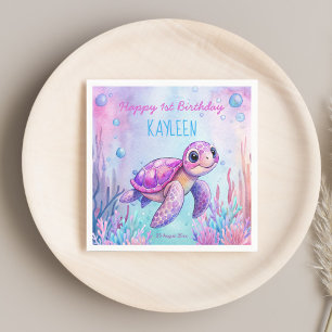 Serviette En Papier Sous la mer mignonne tortue rose violet anniversai