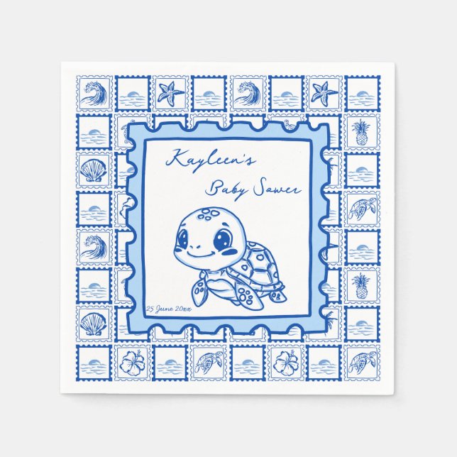 Serviette En Papier Sous la tortue de mer rétro post monogrammé (Devant)