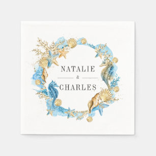 Serviette En Papier Sous le Mariage d'été Sea Blue Gold
