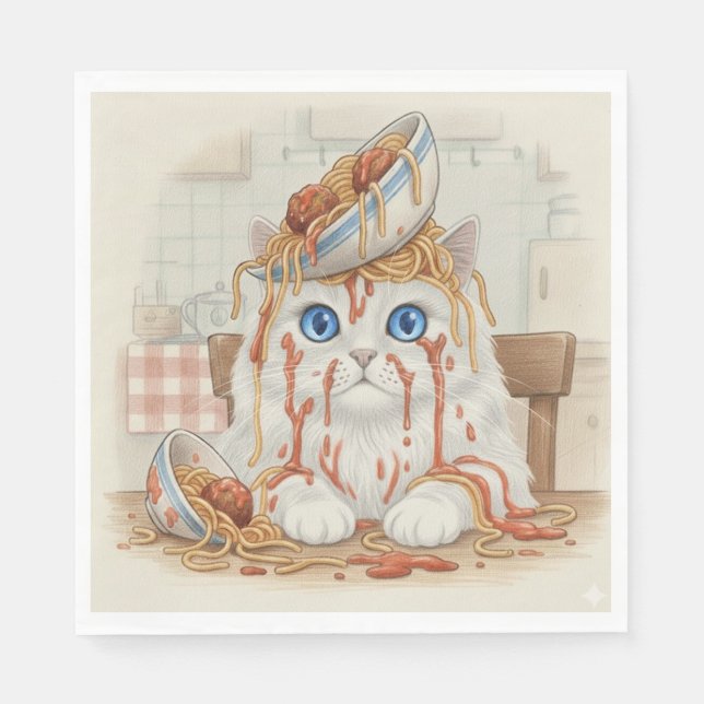 Serviette En Papier Spaghetti Kitty, Blanc, Serviettes (Devant)