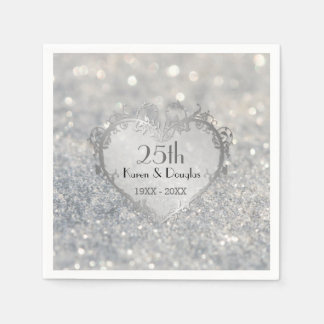 Serviette En Papier Sparkle Coeur d'argent 25e anniversaire Mariage