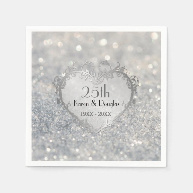 Serviette En Papier Sparkle Coeur d'argent 25e anniversaire Mariage (Devant)